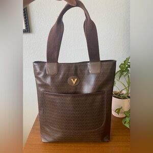 Mario Valentino Large Brown Tote Bag Coated Canvas and Leather Gold Hardware